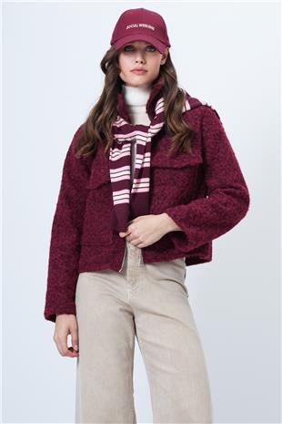 Kadın BORDO Çift Cepli Fermuar Kapamalı Buklet Ceket VS01507