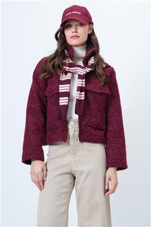 Kadın BORDO Çift Cepli Fermuar Kapamalı Buklet Ceket VS01507