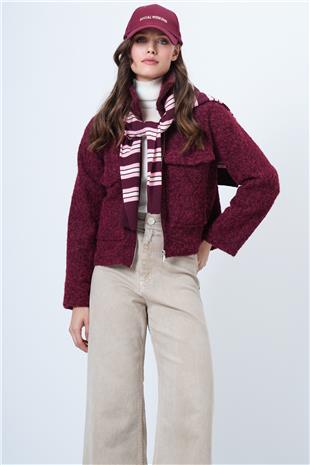 Kadın BORDO Çift Cepli Fermuar Kapamalı Buklet Ceket VS01507