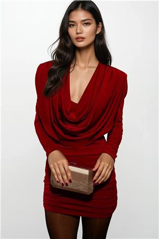 Kadın Bordo Degaje Yaka Vatkalı Mini Elbise Alc-X14874