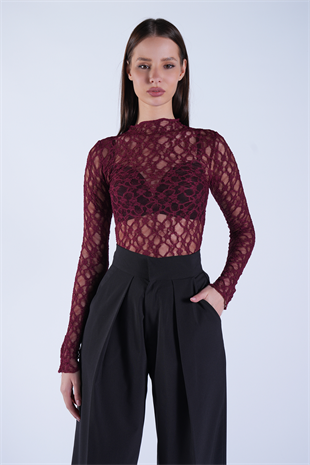 Kadın Bordo Dik Yaka Likralı Dantel Bluz ALC-X14522