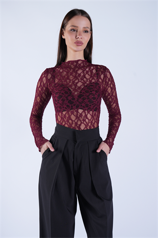 Kadın Bordo Dik Yaka Likralı Dantel Bluz ALC-X14522