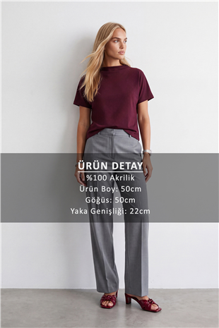 Kadın Bordo Dik Yaka Yarım Kol Triko Bluz Alc-X14628