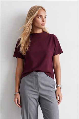 Kadın Bordo Dik Yaka Yarım Kol Triko Bluz Alc-X14628