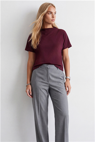 Kadın Bordo Dik Yaka Yarım Kol Triko Bluz Alc-X14628