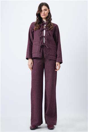Kadın BORDO Dokulu Bağlama Detaylı Ceket ve Geniş Paça Pantolon Takım VS01688