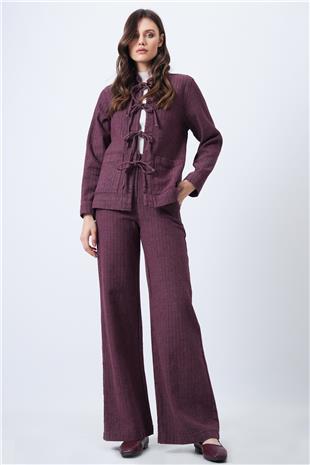 Kadın BORDO Dokulu Bağlama Detaylı Ceket ve Geniş Paça Pantolon Takım VS01688