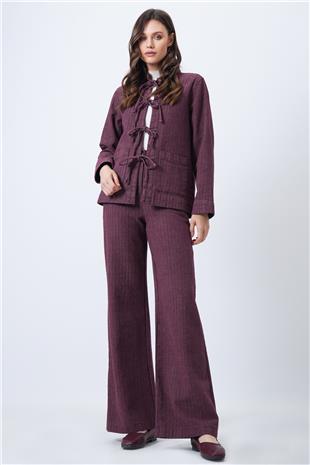 Kadın BORDO Dokulu Bağlama Detaylı Ceket ve Geniş Paça Pantolon Takım VS01688