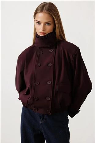 Kadın Bordo Düğme Kapamalı Çift Cepli Vatkalı Ve Astarlı Bomber Ceket Vs01696