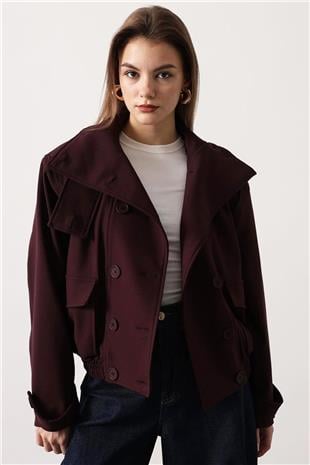Kadın Bordo Düğme Kapamalı Çift Cepli Vatkalı Ve Astarlı Bomber Ceket Vs01696