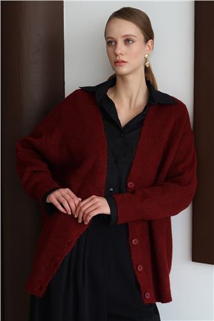 Kadın BORDO Düğme Kapamalı Fitilli Uzun Triko Hırka VS01430