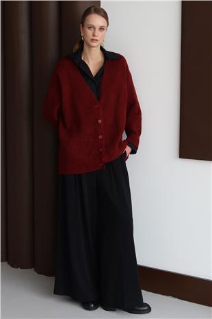 Kadın BORDO Düğme Kapamalı Fitilli Uzun Triko Hırka VS01430