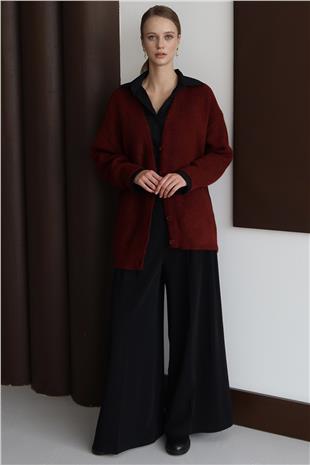 Kadın BORDO Düğme Kapamalı Fitilli Uzun Triko Hırka VS01430