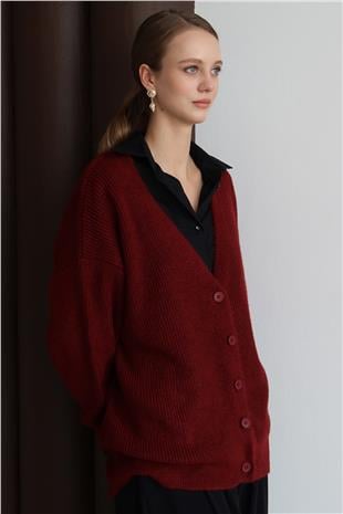 Kadın BORDO Düğme Kapamalı Fitilli Uzun Triko Hırka VS01430
