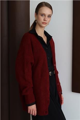 Kadın BORDO Düğme Kapamalı Fitilli Uzun Triko Hırka VS01430