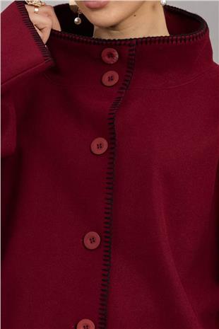Kadın BORDO Düğmeli Geniş Kollu Kontrast Dikişli Yırtmaçlı Kaban VS01673