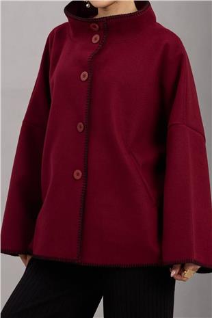 Kadın BORDO Düğmeli Geniş Kollu Kontrast Dikişli Yırtmaçlı Kaban VS01673