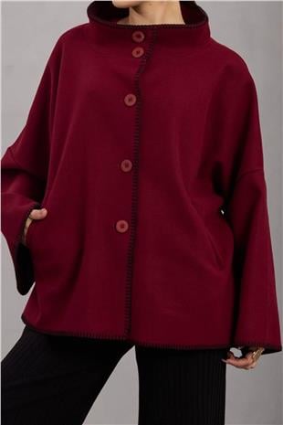 Kadın BORDO Düğmeli Geniş Kollu Kontrast Dikişli Yırtmaçlı Kaban VS01673