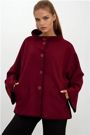 Kadın BORDO Düğmeli Geniş Kollu Kontrast Dikişli Yırtmaçlı Kaban VS01673
