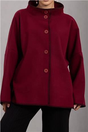 Kadın BORDO Düğmeli Geniş Kollu Kontrast Dikişli Yırtmaçlı Kaban VS01673