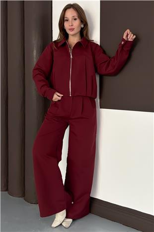 Kadın Bordo Fermuar Kapamalı Astarlı Ceket Bol Paça Pantolon Takım VS01564