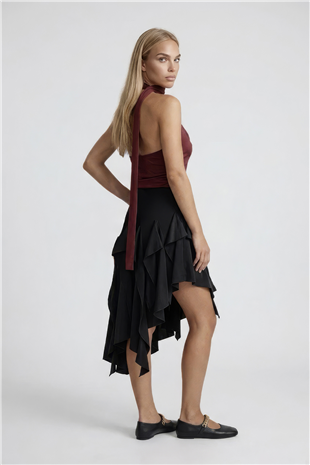 Kadın Bordo Fular Detaylı Düşük Yaka Sandy Bluz Alc-X15488