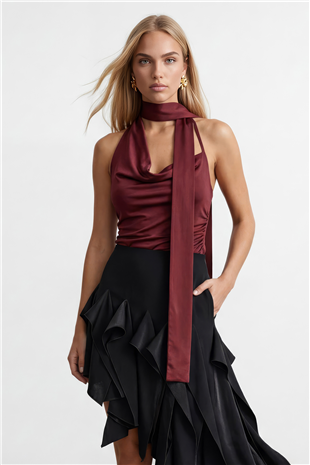 Kadın Bordo Fular Detaylı Düşük Yaka Sandy Bluz Alc-X15488