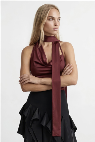 Kadın Bordo Fular Detaylı Düşük Yaka Sandy Bluz Alc-X15488