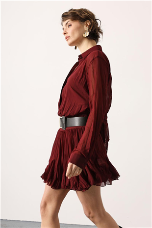 Kadın Bordo Gizli Patlı Eteği Fırfırlı Kemer Detaylı Mini Elbise Alc-X15201