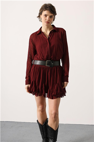 Kadın Bordo Gizli Patlı Eteği Fırfırlı Kemer Detaylı Mini Elbise Alc-X15201