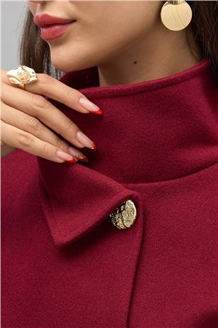 Kadın BORDO Gold Düğmeli Kemerli Kaşe Panço VS01678