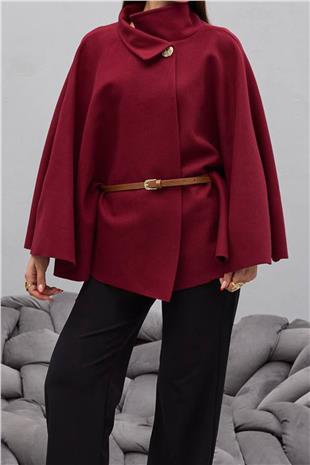 Kadın BORDO Gold Düğmeli Kemerli Kaşe Panço VS01678