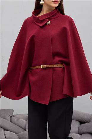 Kadın BORDO Gold Düğmeli Kemerli Kaşe Panço VS01678