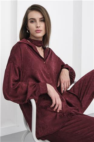 Kadın Bordo Jakar Desen Saten Gömlek Ve Pantolon Saten Takım VS01231