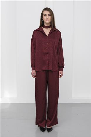 Kadın Bordo Jakar Desen Saten Gömlek Ve Pantolon Saten Takım VS01231