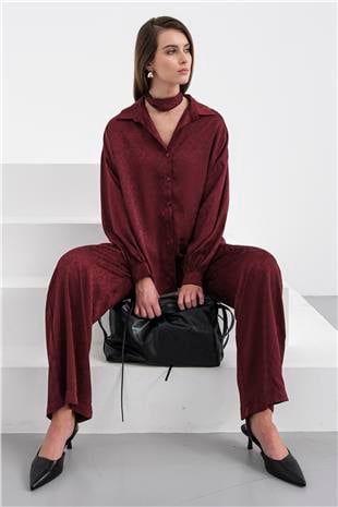 Kadın Bordo Jakar Desen Saten Gömlek Ve Pantolon Saten Takım VS01231