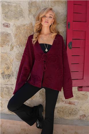 Kadın Bordo Kabartma Desen Yumoş Sakallı Triko Ceket ALC-X14488
