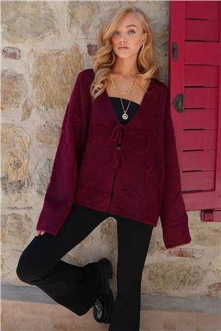 Kadın Bordo Kabartma Desen Yumoş Sakallı Triko Ceket ALC-X14488