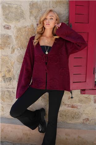Kadın Bordo Kabartma Desen Yumoş Sakallı Triko Ceket ALC-X14488