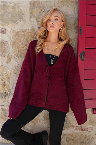 Kadın Bordo Kabartma Desen Yumoş Sakallı Triko Ceket ALC-X14488