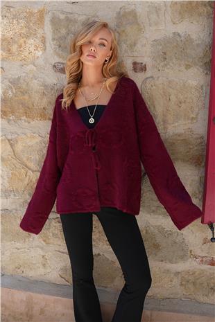 Kadın Bordo Kabartma Desen Yumoş Sakallı Triko Ceket ALC-X14488