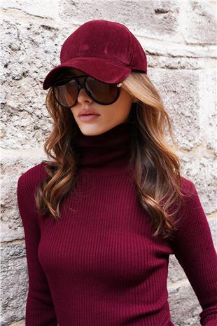 Kadın BORDO Kadife Dokulu Kavisli Siperlik Ayarlanabilir Şapka VS01228