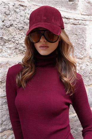 Kadın BORDO Kadife Dokulu Kavisli Siperlik Ayarlanabilir Şapka VS01228