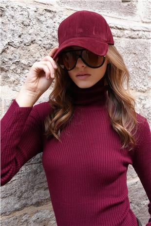 Kadın BORDO Kadife Dokulu Kavisli Siperlik Ayarlanabilir Şapka VS01228