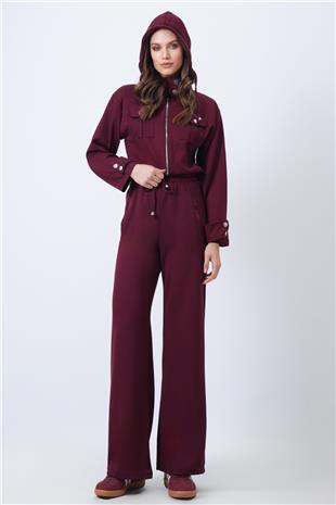 Kadın Bordo Kapüşonlu Çift Cepli Ceket Ve Beli Lastikli Pantolon Takım Vs01710