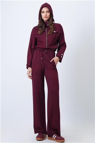 Kadın Bordo Kapüşonlu Çift Cepli Ceket Ve Beli Lastikli Pantolon Takım Vs01710