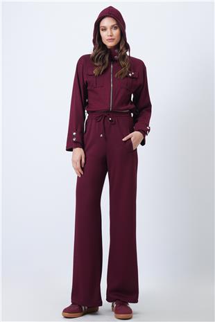 Kadın Bordo Kapüşonlu Çift Cepli Ceket Ve Beli Lastikli Pantolon Takım Vs01710