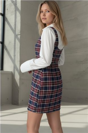Kadın Bordo Kare Yaka Ekose Desenli Dokuma Mini Jile Elbise Alc-X15311