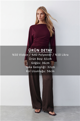 Kadın Bordo Kayık Yaka Beli Drapeli Bluz Alc-X15864
