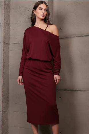 Kadın Bordo Kayık Yaka Beli Lastikli Midi Boy Elbise Alc-X15226